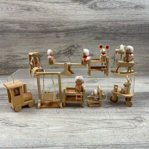 Vintage Wooden Christmas Ornaments Lot Of 9 Holiday Decor Train Rocking Horse